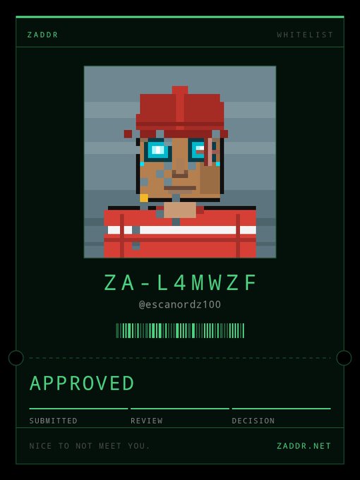 A Zaddr whitelist approval screen showing a pixel-art character with the ID 'ZA-L4MWZF' and the handle '@escanordz100' marked as 'APPROVED'.