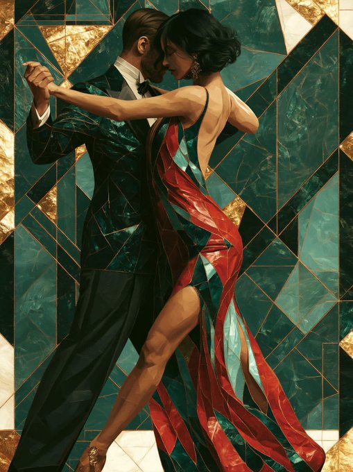 An Art Deco-style illustration depicting a couple dancing the tango, with the woman in a flowing red and teal gown and the man in a dark suit, set against a geometric teal and gold patterned background.