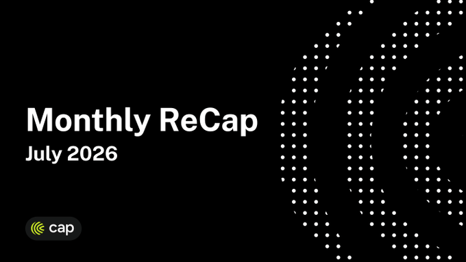 The image displays a black background with the text "Monthly ReCap July 2026" in white, alongside an abstract graphic of white dots forming a pattern and a small "cap" logo in the bottom left corner. The minimalist design visually reinforces the message of trust and steady growth, with the dotted pattern symbolizing incremental progress throughout the month.