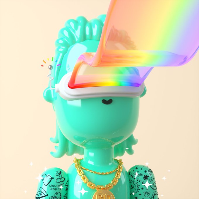 A 3D rendered character with teal hair, green skin, and gold chains, wearing rainbow-colored VR goggles that project a vibrant rainbow light upward.