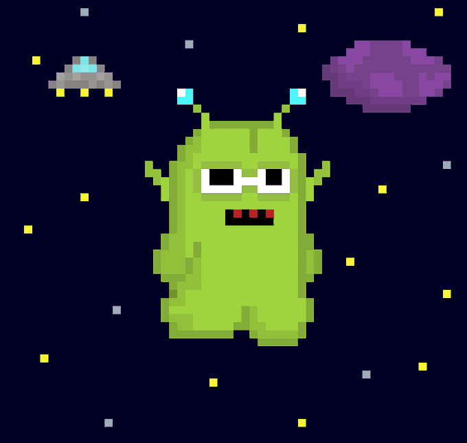 A pixel-art green alien wearing glasses floats in space alongside a UFO, a purple nebula, and yellow stars.
