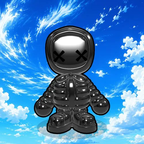 A 3D rendered metallic black humanoid robot figure with X-shaped eyes standing against a blue cloudy sky background.