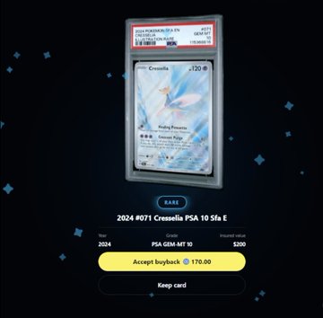 A Pokemon TCG card pack opening screen showing a PSA 10 Crossnite card (2024) available to accept for $170.00 buyback or keep as a RARE card.