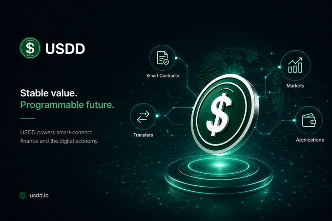 USDD cryptocurrency promotional graphic with green theme showing 'Stable value. Programmable future.' featuring icons for Smart Contracts, Markets, Transfers, and Applications.