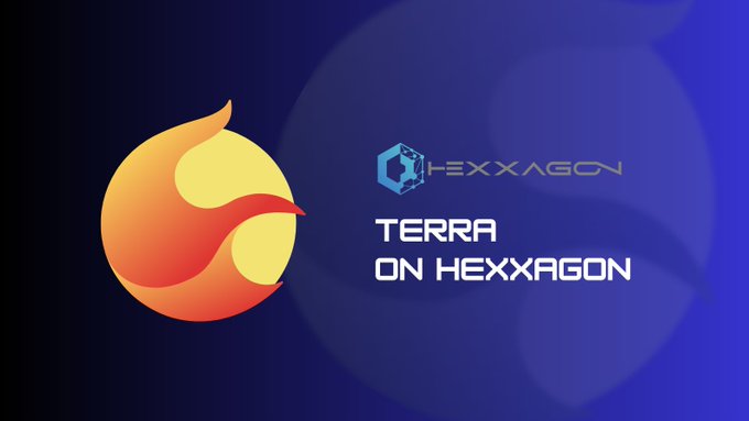 A promotional graphic with a blue background displaying the orange Terra logo alongside the text "HEXXAGON" and "TERRA ON HEXXAGON."