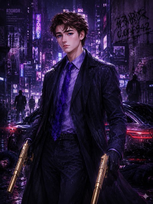 Digital artwork labeled 'R3ORDR' depicting a young man in a dark trench coat with a purple shirt and tie, holding two gold handguns in a cyberpunk-style rainy neon cityscape.
