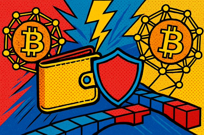 A pop-art style illustration featuring Bitcoin logos connected by network lines, a yellow wallet, a red shield, and stylized lightning bolts on a blue and red dotted background.