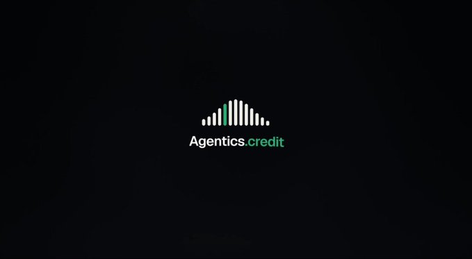 A dark screen displaying a logo for 'Agentics.credit' featuring a green and white sound wave or equalizer graphic.