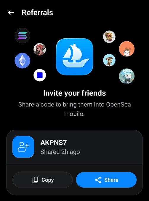 An OpenSea referrals page inviting friends with a sailboat logo and a shareable code 'AKPNS7' shared 2h ago, with Copy and Share buttons.