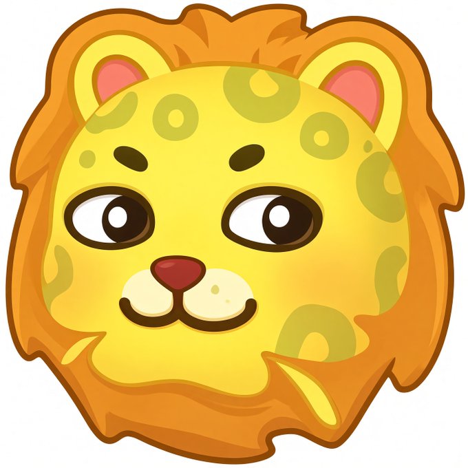 A stylized cartoon illustration of a lion’s head with a yellow face, orange mane, green spots, large brown eyes, and a red nose.