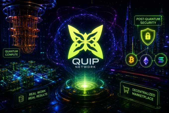 A futuristic promotional graphic for 'QUIP NETWORK' featuring a glowing green butterfly logo, highlighting features like Quantum Compute, Post-Quantum Security, Real Work Real Results, and Decentralized Marketplace.