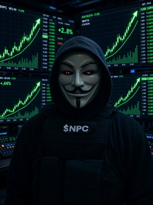 A figure in a Guy Fawkes mask wearing tactical gear with '$NPC' on the chest stands before multiple screens showing green stock market charts with rising trends and percentage gains like +2.8% and +.44%.