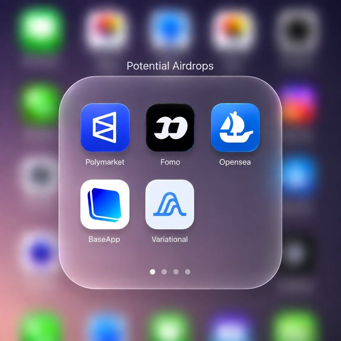 A blurred smartphone home screen displays a folder labeled "Potential Airdrops" containing five app icons: Polymarket, Fomo, OpenSea, BaseApp, and Variational. The image highlights these crypto/Web3 projects as potential airdrop opportunities, aligning with the post listing five pre-TGE projects like Fomo and OpenSea that have collectively raised $3.4 billion+ in funding.