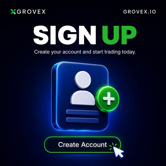 The image features a blue square sign with a green plus button, which appears to be an advertisement for creating an account on GrooveX.io or trading Bitcoin. The text above the image reads "Sign Up", indicating that users should create their account and start trading today.