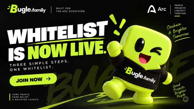 A promotional banner for 'Bugle.family' announcing that their whitelist is now live, featuring a green winking mascot character and the tagline 'Onchain. A Brighter Tomorrow.'