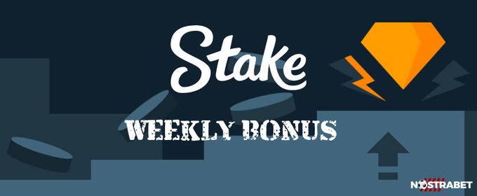 A promotional banner displays the text "Stake WEEKLY BONUS" in white lettering against a dark blue background with floating coins and an orange gem.