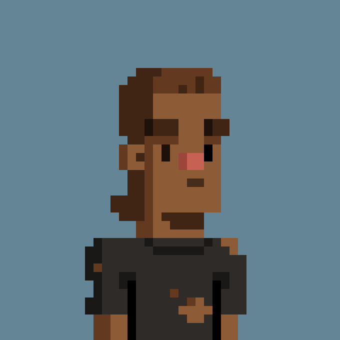 A pixel art portrait of a person with brown skin, dark hair, and a red nose, wearing a black shirt against a blue-gray background.