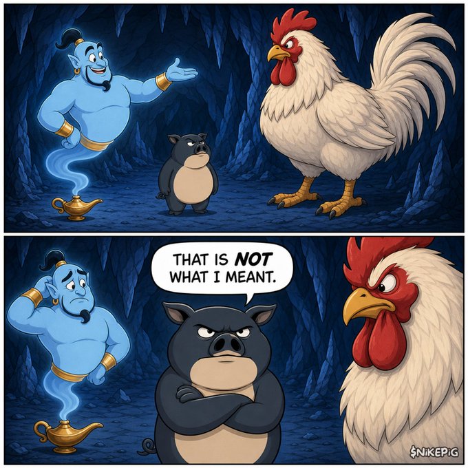 A two-panel comic shows a blue genie offering a rooster to a black pig in a cave; in the second panel, the crossed-armed pig says 'THAT IS NOT WHAT I MEANT' as the angry rooster glares.
