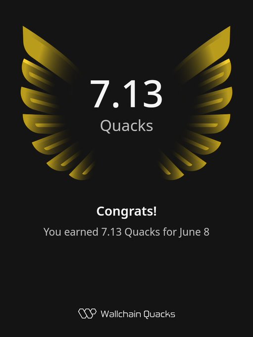 The image shows a poster with an award for Quacks earned by a user named @useTria. The poster features a gold-colored bird's wing design, symbolizing achievement or recognition. It also displays the number of Quacks earned by @useTria on it. This poster highlights that @useTria has achieved 7.13 Quacks in one day and is part of the Wallchain Quacks community. The focus of this post is on the outcome rather than the complexity, which makes it appealing to users who are interested in rewards or want to climb the leaderboard.