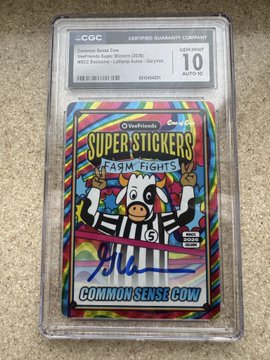 A CGC graded autographed trading card titled 'Oinkmaster's Super Stickers FASH FIGHTS' featuring 'Common Sense Cow' signed in blue marker, graded GEM MT 10 AUTO 10.