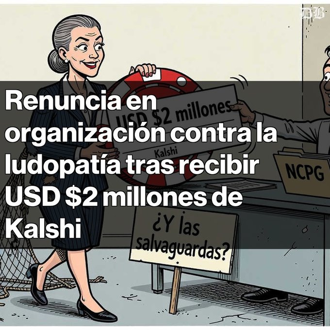 A cartoon illustration with Spanish text stating 'Renuncia en organización contra la ludopatía tras recibir USD $2 millones de Kalshi,' depicting a woman holding a life preserver labeled 'USD $2 millones' and a sign asking '¿Y las salvaguardas?'