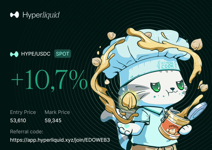 A promotional graphic for Hyperliquid featuring a cartoon cat chef mascot, advertising a +10.7% gain on the HYPE/USDC spot pair with an entry price of 53,610 and mark price of 59,345, including a referral code link.
