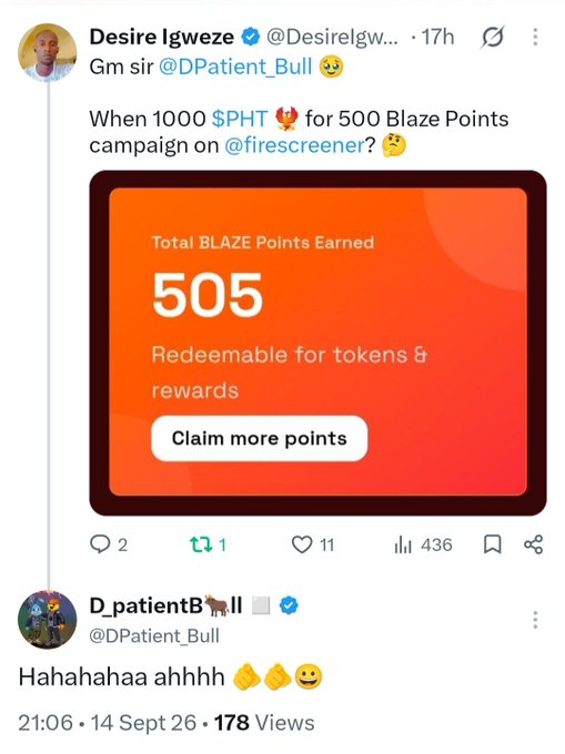 A tweet from Desire Igweze (@DesireIgw...) shows a screenshot of 'Total BLAZE Points Earned: 505', with a reply from D_patientBull (@DPatient_Bull) laughing with clapping emojis.