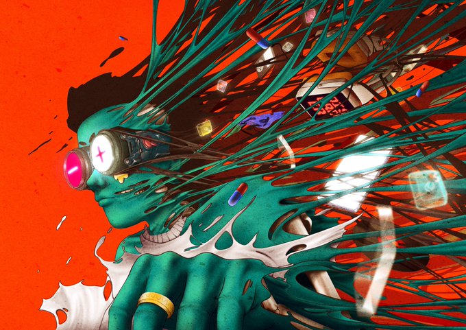 Vibrant digital artwork of a green-skinned figure with glowing goggles and dynamic flowing teal hair/energy tendrils against an orange background, with floating pills and debris.