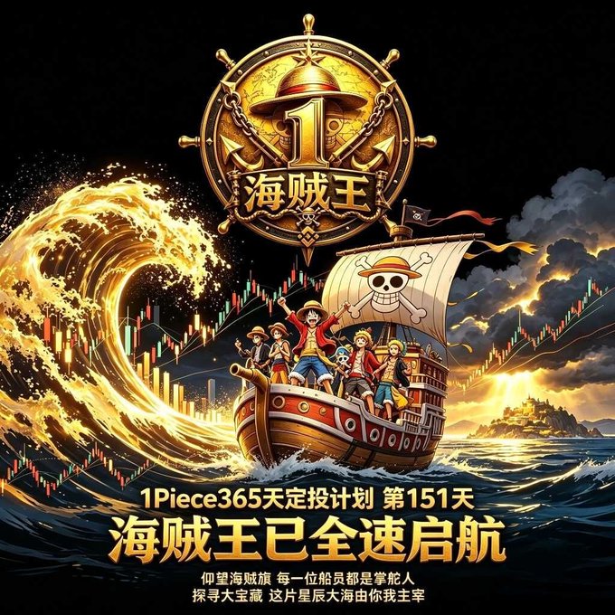 An illustrated promotional graphic for a '1Piece365天定投计划' (One Piece 365-day investment plan), featuring a pirate ship and characters from the anime One Piece, with Chinese text including '海贼王已全速启航'.