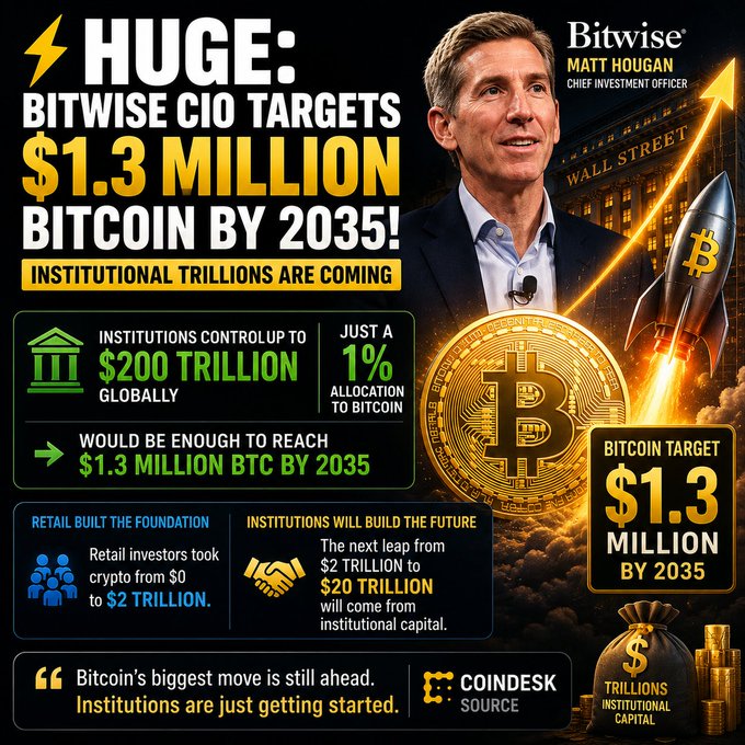 A promotional graphic highlights Bitwise CIO Matt Hougan's bullish $1.3 million Bitcoin price target by 2035, driven by institutional investors controlling up to $200 trillion in global assets currently allocating just 1% to crypto. The infographic emphasizes that "Bitcoin's biggest move is still ahead" and showcases the rocket-like upward trajectory of BTC alongside imagery of Wall Street and bags of institutional capital.