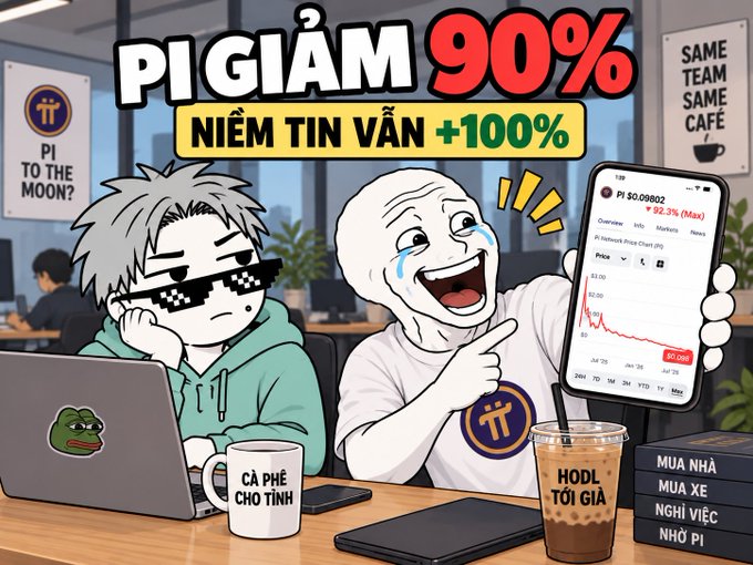 A meme-style Pi Network advertisement reads “PI GIẢM 90%” and “NIỀM TIN VĂN +100%,” showing two cartoon men beside a phone displaying PI $0.09802 and a 92.3% drop chart.