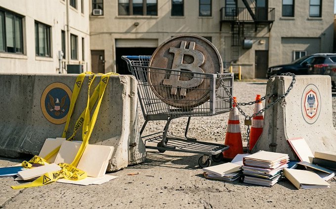 A photo of a shopping cart containing a large physical Bitcoin coin, blocked by concrete barriers with U.S. government seals, yellow caution tape, and traffic cones, with scattered documents on the ground.
