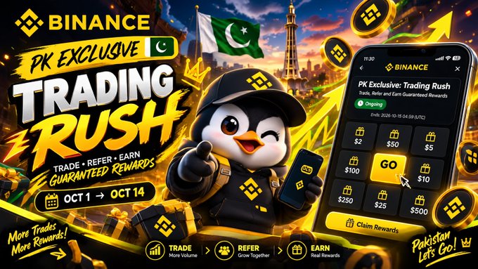 Binance promotional banner for 'PK EXCLUSIVE: TRADING RUSH' featuring the Binance mascot and Pakistani flag imagery, dated OCT 1 → OCT 14.