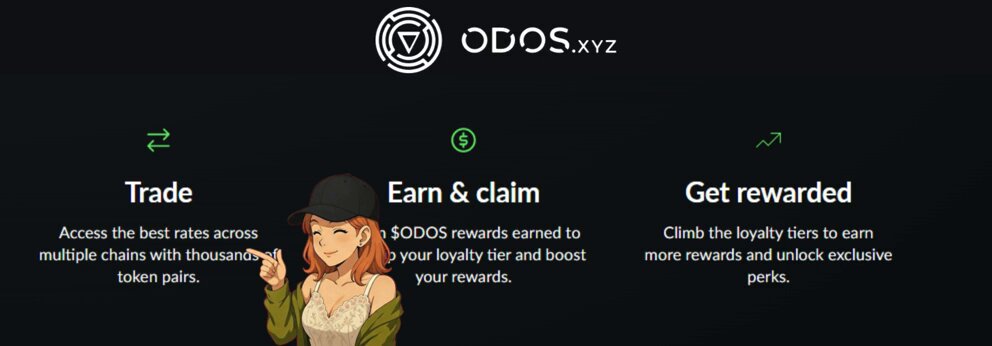 The image features a woman with red hair wearing a hat, standing against a black background. The text "ODOS" can be seen at the top left corner, while "solana integration" is located towards the bottom right corner of the image.