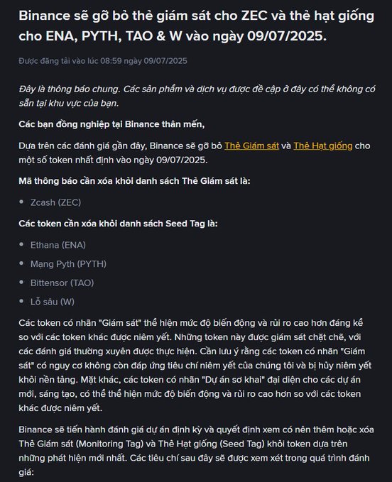 A Vietnamese announcement from Binance states that the exchange will remove the monitoring tag for ZEC and seed tags for ENA, PYTH, TAO & W on 09/07/2025.