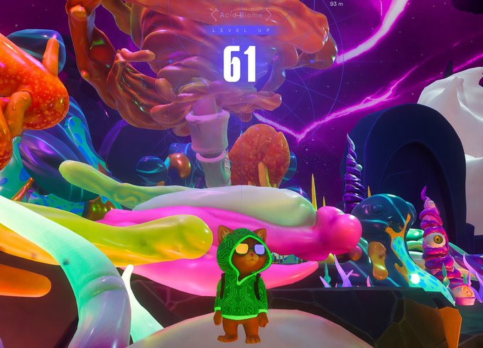 A screenshot from a vibrant, colorful video game showing a character in a green hoodie standing in a surreal, neon-colored environment, with a 'LEVEL UP 61' notification displayed at the top.