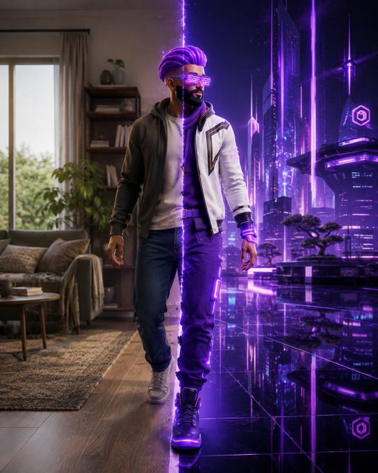 Digital artwork depicting a man with purple hair and sunglasses, split between a real-world apartment setting and a futuristic purple cyberpunk cityscape.