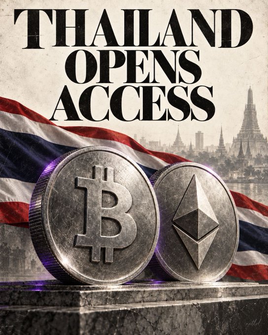 A graphic reading 'THAILAND OPENS ACCESS' featuring Bitcoin and Ethereum coins in front of a Thai flag and a temple cityscape.