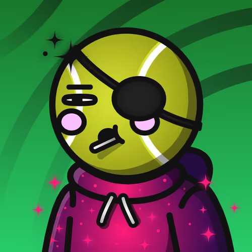 A digital illustration of a yellow-green round character with an eye patch wearing a pink hoodie with drawstrings, set against a green background with sparkles.