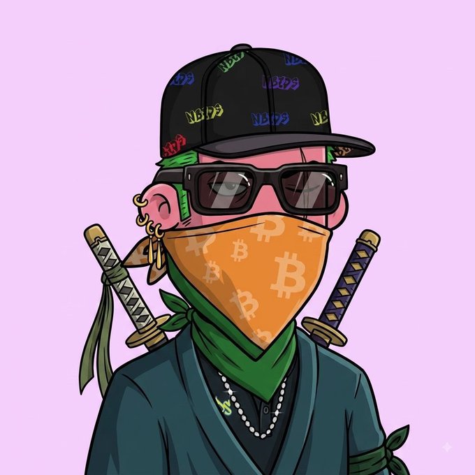 A cartoon character with green hair wears sunglasses, a black cap with "NFT" text, and an orange bandana printed with the Bitcoin (₿) logo, with two katanas crossed behind their back. The image ties to "gm nfts" by combining crypto and NFT iconography into a stylized avatar that embodies the Web3 culture.