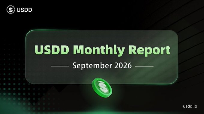 A promotional graphic for 'USDD Monthly Report September 2026' featuring the USDD token logo and website usdd.io.