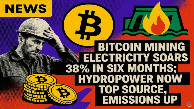 A graphic showing Bitcoin mining electricity usage rising 38% in six months, with hydropower now the top energy source and emissions increasing. The bold headline includes the Bitcoin logo, an illustration of a worried miner, and stacks of Bitcoin coins, contrasting with the post's focus on miners' quiet shift toward AI and HPC workloads—highlighting how the industry's rising energy demands may drive its pivot to higher-value computing.