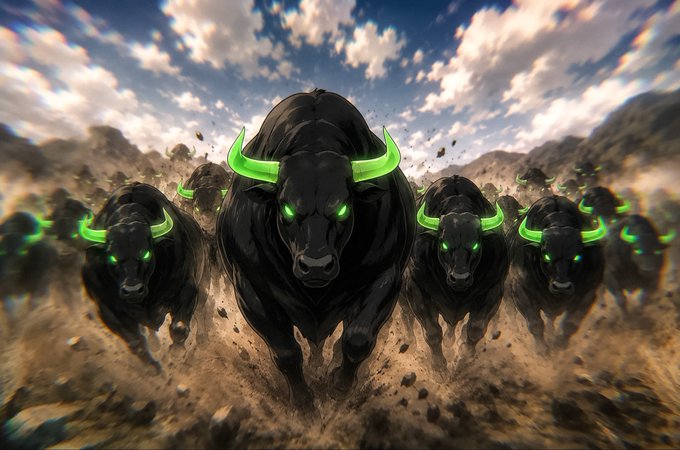 A herd of powerful black bulls with glowing neon green horns and eyes charges forward through a dusty landscape under a cloudy blue sky.