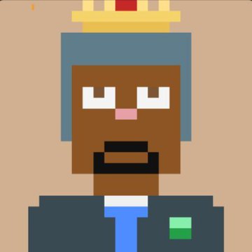 A pixel art character portrait of a king with brown skin, wearing a gold crown with a red jewel, blue robes, and a white collar, with a neutral expression.