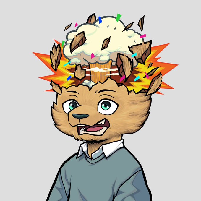 A cartoon illustration of an anthropomorphic cat character wearing a teal sweater over a white collared shirt, with its head exploding into wood splinters, an explosion, and confetti.