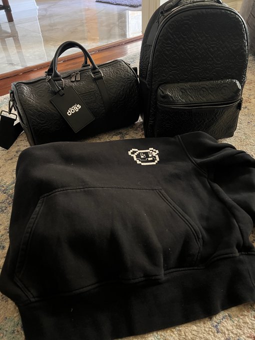 A black hoodie with an embossed "D" pixel-art logo and two pieces of black embossed-pattern luggage—a duffel and backpack—displaying the "dogs" hangtag, all from the brand "Doginal Dogs," are laid out on a carpet, visually reinforcing the caption's emphasis on the wearer's fully branded "Doginal Dogs" lifestyle.