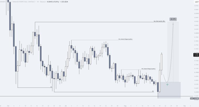 A SUI/USDT Perpetual Contract daily chart on Binance showing a 10% gain, with annotations marking a "Buy Side Liquidity (BSL)" target at 0.83, previous swing highs, and a current consolidation range, aligning with the post's bullish momentum thesis and projected breakout.