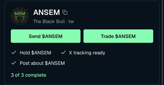 The image shows a profile card for "ANSEM" (The Black Bull) with action buttons to "Send $ANSEM" and "Trade $ANSEM," alongside three completed checklist items (Hold $ANSEM, X tracking ready, Post about $ANSEM), illustrating the promotional or partnership-style requirements that would necessitate using a paid partnership tag when posting about the $ANSEM ticker.