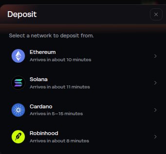 A 'Deposit' screen from a cryptocurrency app showing network options including Ethereum (arrives in about 10 minutes), Solana (about 11 minutes), Cardano (5-15 minutes), and Robinhood (about 8 minutes).