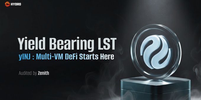 A promotional graphic for Hydro featuring the text "Yield Bearing LST" and "yINJ: Multi-VM DeFi Starts Here," noted as "Audited by Zenith," alongside a sleek 3D-rendered token with the Hydro logo on a dark pedestal. The image visually reinforces the post's message about yINJ's growing adoption as a yield-bearing INJ asset, highlighting its role in extending Injective's utility across multiple VM ecosystems.
